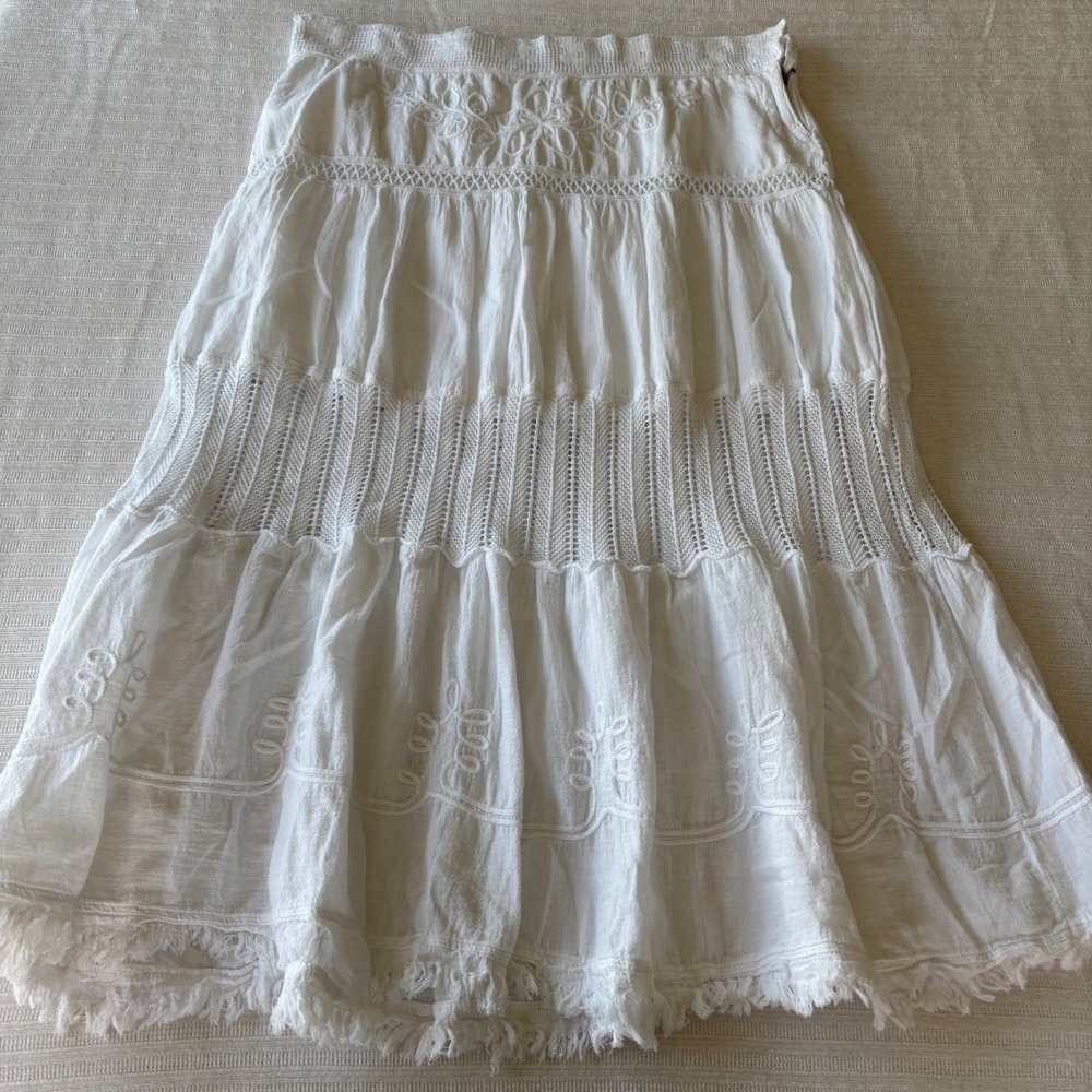 Scully White Peruvian Cotton Embroidered Crochet Tiered Midi Skirt XXL PSL-056